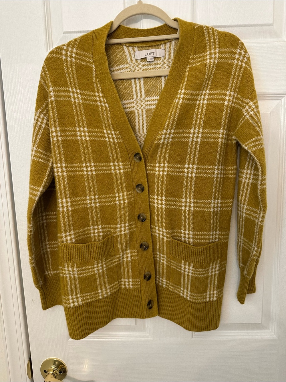 LOFT Mustard Plaid V-Neck Button Front Cardigan